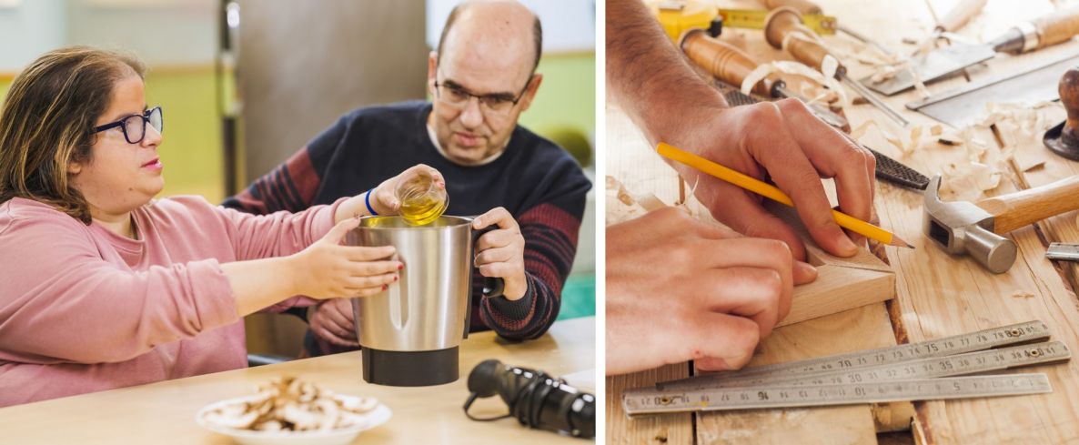 Bild zur Fortbildung Geprüfte Fachkraft zur Arbeits- und Berufsförderung: Links eine Frau und ein Mann bei der Lebensmittelzubereitung, rechts Holzbearbeitung, Bleistift, Zollstock